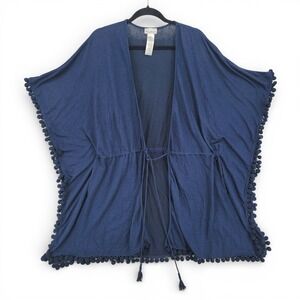 Tommy Bahama Navy Pom Pom Cover-Up Kaftan L Boho Resort Beach Swimwear EUC